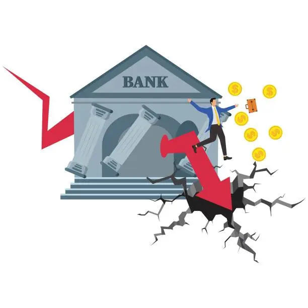 Vector illustration of Bankruptcy, bank debt problems or loan problems, financial crises, credit crises, isometric traders holding gold coins falling from destroyed bank buildings