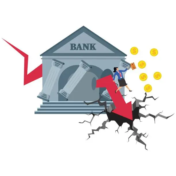 Vector illustration of Bankruptcy, bank debt problems or loan problems, financial crises, credit crises, isometric traders holding gold coins falling from destroyed bank buildings