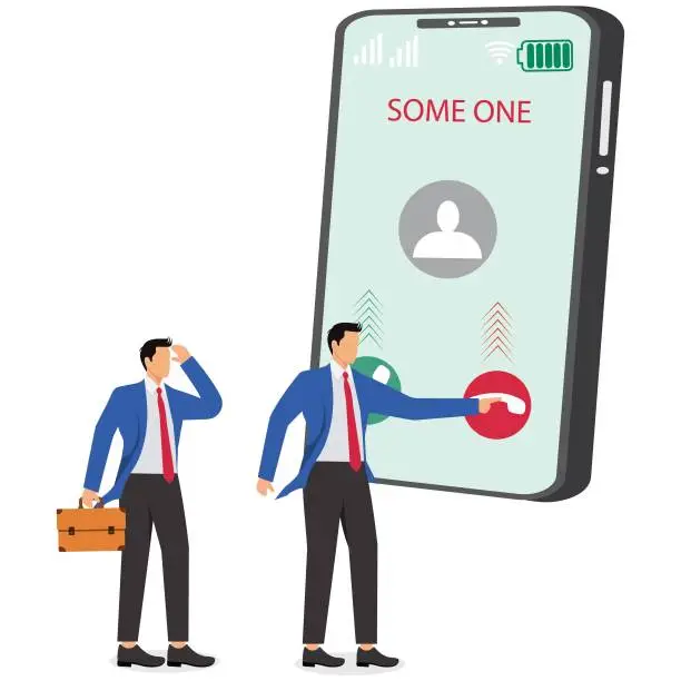 Vector illustration of The businessman who rejects calls, telephone harassment, telephone advertising and marketing, and other spacing troubles presses the reject caller