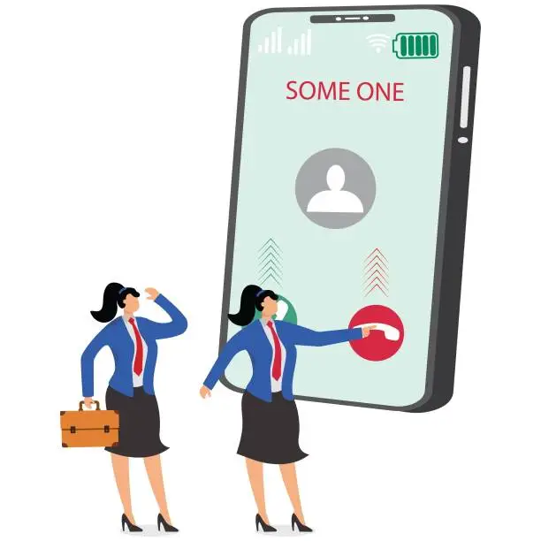 Vector illustration of The businesswoman who rejects calls, telephone harassment, telephone advertising and marketing, and other spacing troubles presses the reject caller