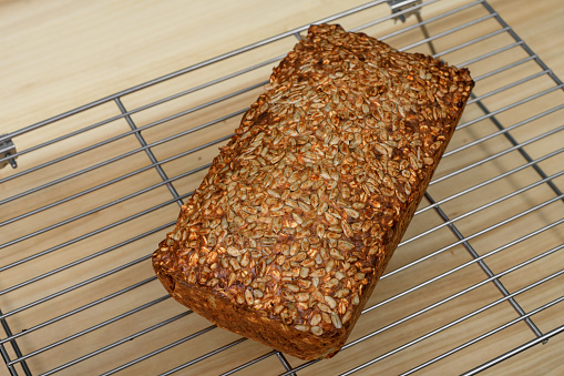 Baked bread from sunflower seeds, linseed, pumpkin seeds, flourless, gluten-free