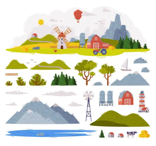 Vector illustration of Rural Landscape Elements with Mountain, Field and Windmill Vector Set