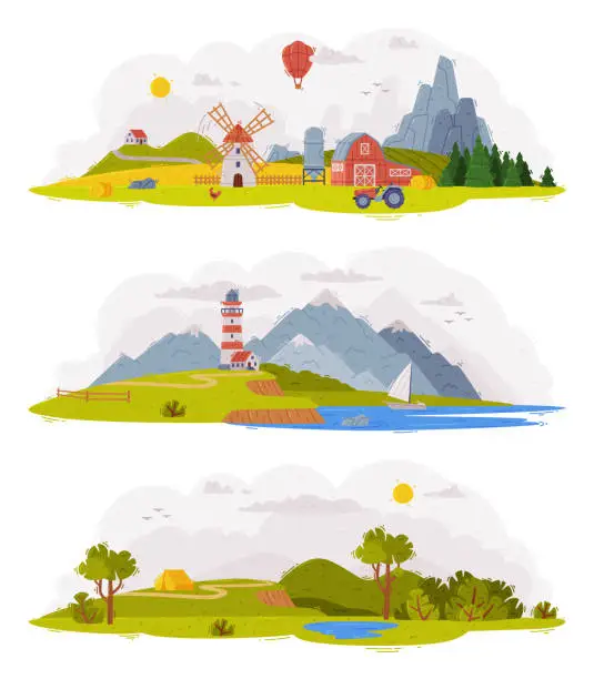 Vector illustration of Idyllic Rural Landscape Scene with Mountain, Field and Windmill with Barn Vector Set