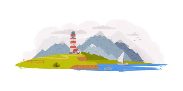 Vector illustration of Idyllic Rural Landscape Scene with Mountain, River Bank and Lighthouse Vector Illustration