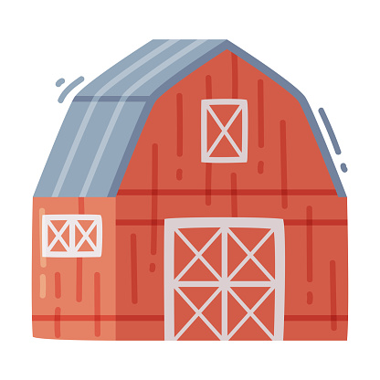 Timbered Red Barn or Granary for Crop Storage Vector Illustration. Agricultural and Farming Building Concept