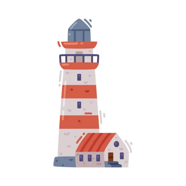 Vector illustration of Red and White Lighthouse and House Building as Tower for Marine Navigation Vector Illustration