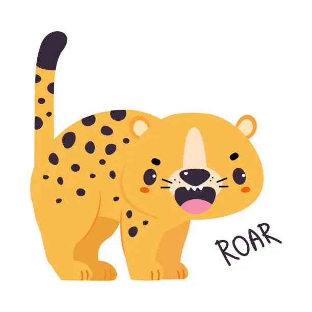 Vector illustration of Cute Leopard or Jaguar Cub Standing and Roaring Vector Illustration