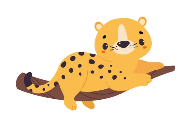 Vector illustration of Cute Leopard or Jaguar Cub Lying on Tree Branch Vector Illustration
