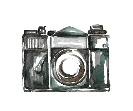 Photo art concept. A retro film camera in a muted emerald hue with a round lens and shutter. Hand drawn watercolor image on white background for your design