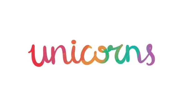 Vector illustration of Unicorn text as logotype, badge, patch and icon isolated on white background. Handwritten Unicorn for postcard, card, invitation, flyer, banner template. Vector illustratio