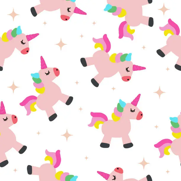 Vector illustration of Unicorn and rainbow star seamless pattern. Magic, fairy tale kids background