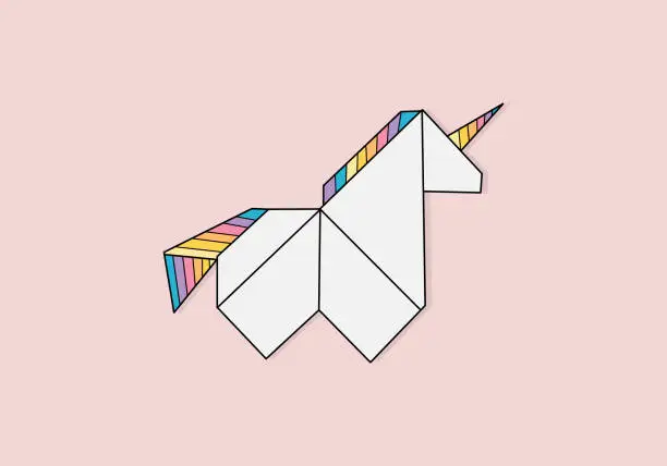 Vector illustration of Geometric polygonal paper origami unicorn illustration. Fairytale horse character. Flat vector print, magical kingdom