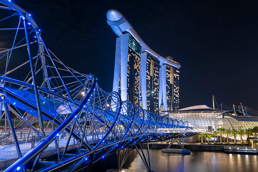 View of the Helix Bridge and the Marina Bay Sands luxury hotel in Singapore