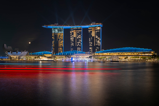 View of the Marina Bay Sands luxury hotel in Singapore, during the evening atmosphere