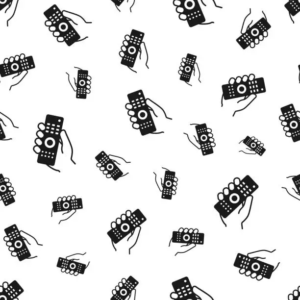 Vector illustration of Hand holding remote control. Seamless pattern. Icons on white background