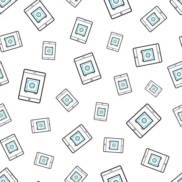 Vector illustration of Tablet PC with safe box. Seamless pattern. Line icons on white background