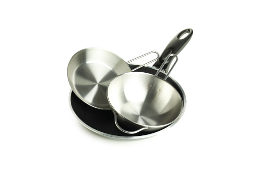 Pan with bowls isolated on white background.