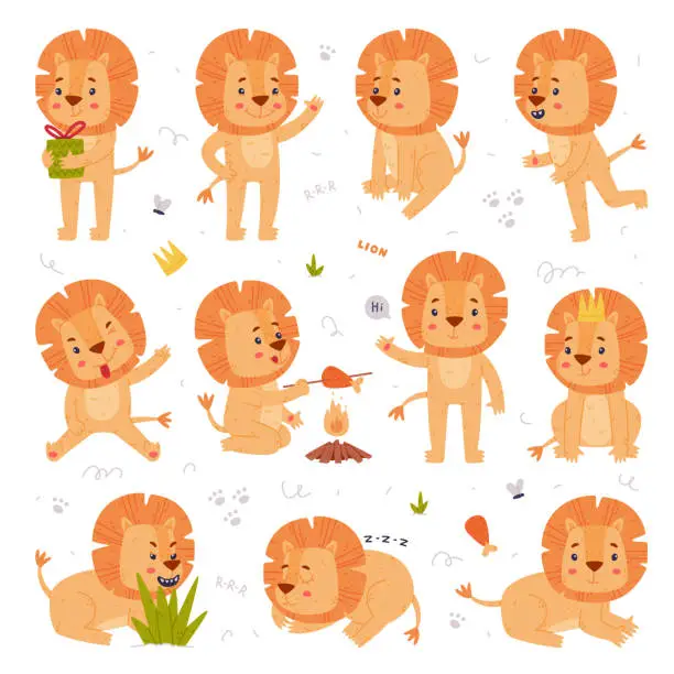 Vector illustration of Funny Lion Character with Mane Engaged in Different Activity Vector Set