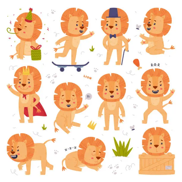 Vector illustration of Funny Lion Character with Mane Engaged in Different Activity Vector Set