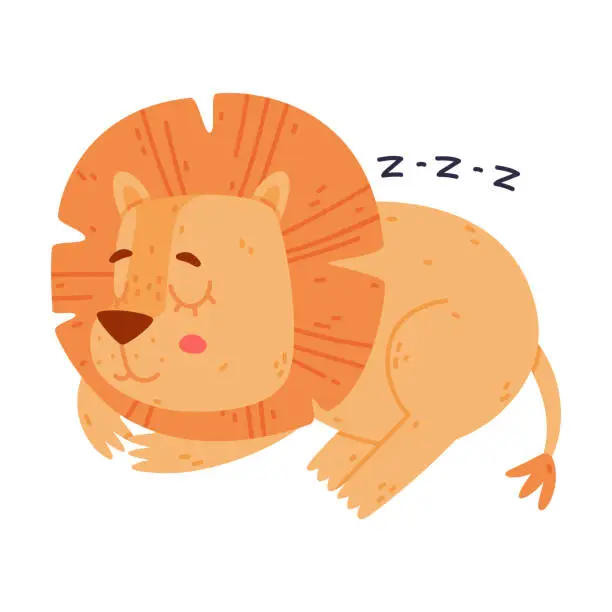 Vector illustration of Funny Lion Character with Mane Sleeping and Cuddling Vector Illustration