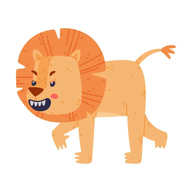 Vector illustration of Funny Lion Character with Mane Walking and Roaring Vector Illustration