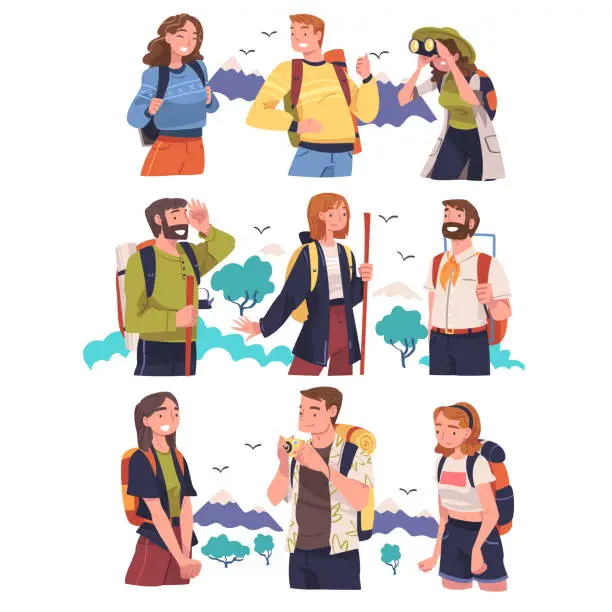 Vector illustration of People Character Engaged in Local Tourism Wearing Backpack and Hiking Vector Set