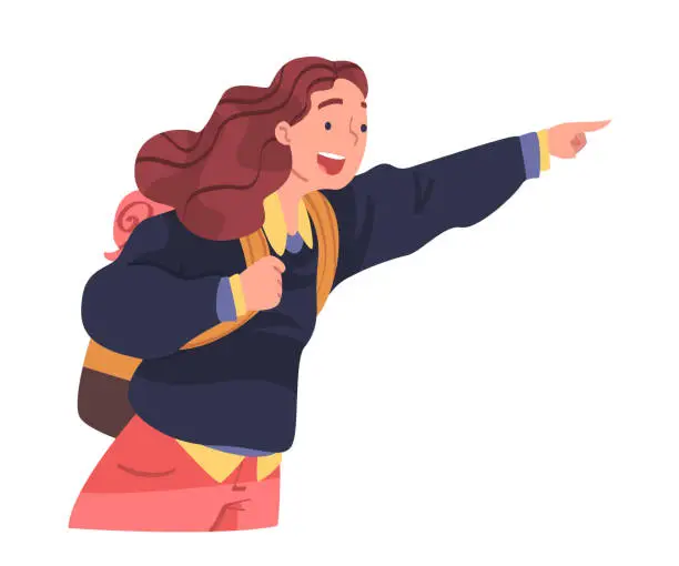 Vector illustration of Young Woman Character Engaged in Local Tourism Wearing Backpack and Hiking Pointing Finger Ahead Vector Illustration