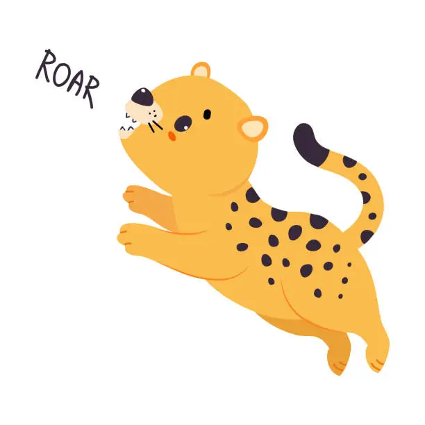 Vector illustration of Cute Leopard or Jaguar Cub Jumping and Roaring Vector Illustration