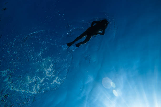 istock Unrecognizable diver swimming underwater in blue seawater 2111459248