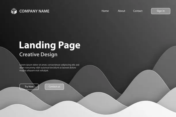Vector illustration of Landing page Template - Gray abstract wave shapes - Trendy paper cut background