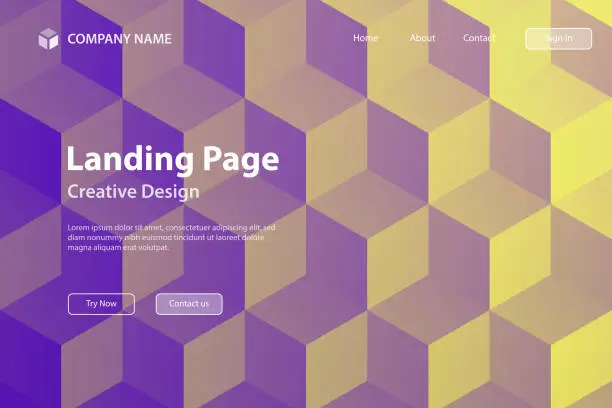 Vector illustration of Landing page Template - Abstract geometric background with Purple cubes - Trendy 3D background