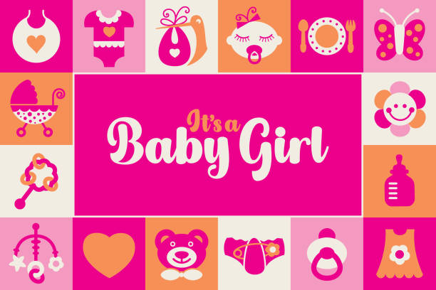 новая поздравительная открытка для девочки - рамка для иконок - v2 - baby clothing its a girl newborn baby goods stock illustrations