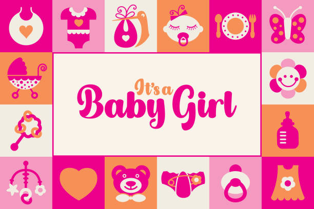 новая поздравительная открытка для девочки - рамка для икон - v1 - baby clothing its a girl newborn baby goods stock illustrations
