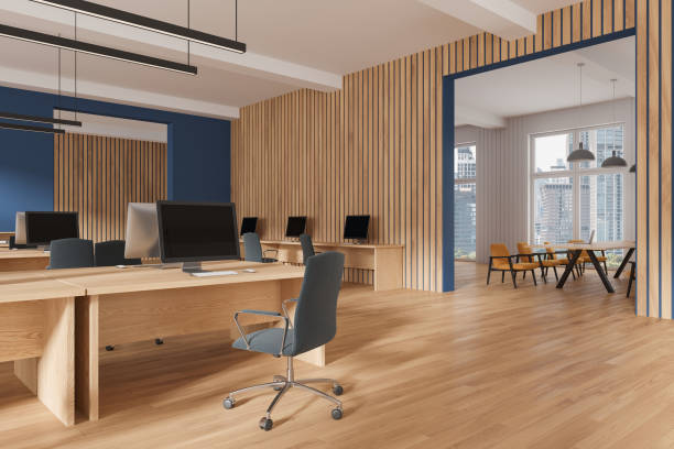 istock Stylish office interior with coworking and conference area, panoramic window 2111496022