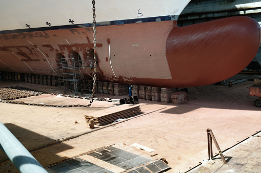 Close-up view of ship's bow on dry dock