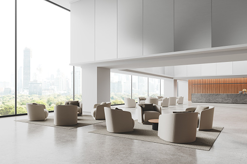 Corner view of business interior with reception desk, armchairs with coffee table on carpet. Waiting or relaxing space in modern lobby with panoramic window on Bangkok skyscrapers. 3D rendering