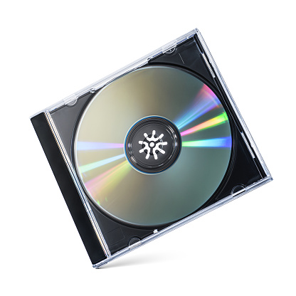 Closed black plastic CD DVD jewel with gray rewritable disk isolated on white background.