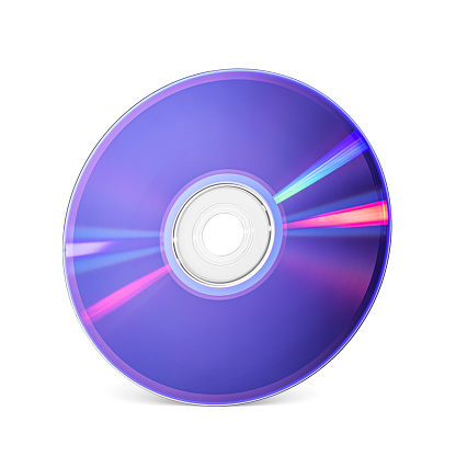 DVD-R writable disk for music, video, movie or data storage isolated on white background.