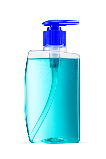 Pump bottle of blue liquid soap isolated on white background.