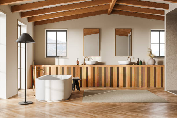 istock Beige bathroom interior with tub and double sink 2111507472