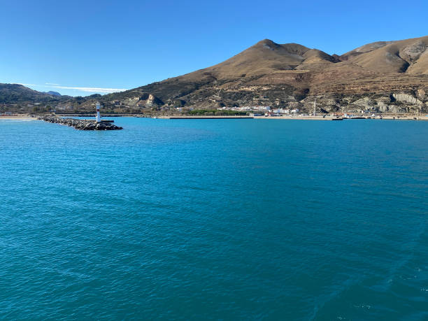 Panoramic view from the ferry on the island of Gokceada at Kuzulimani harbour, Canakkale, Turkey