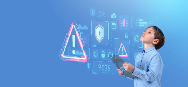 istock Child with tablet, digital cybersecurity hologram with big business data 2111508498