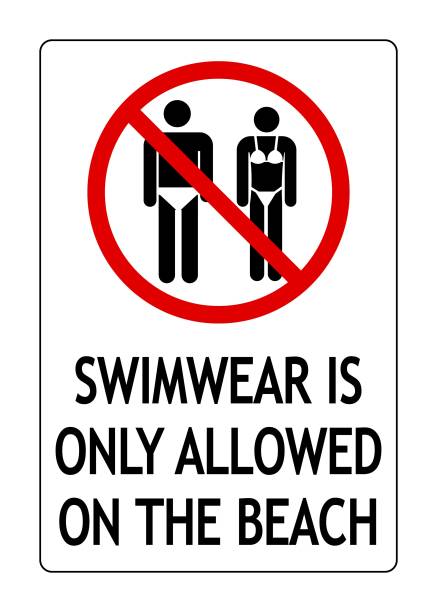 Swimwear is only allowed on the beach. Prohibition and information sign Swimwear is only allowed on the beach. Prohibition sign and dress code outside the beach resort. dress-code-violation stock illustrations