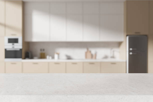 istock Quartz mock up empty countertop on background of kitchen interior with fridge 2111511072