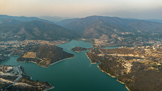 An aerial view of the Germasogeia Reservoir in Cyprus.