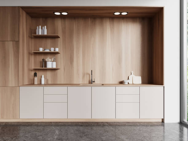 istock Wooden kitchen interior with cabinets 2111519543