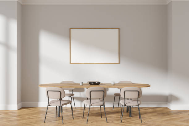 istock Modern home living room interior with chairs and eating table, mockup frame 2111520576