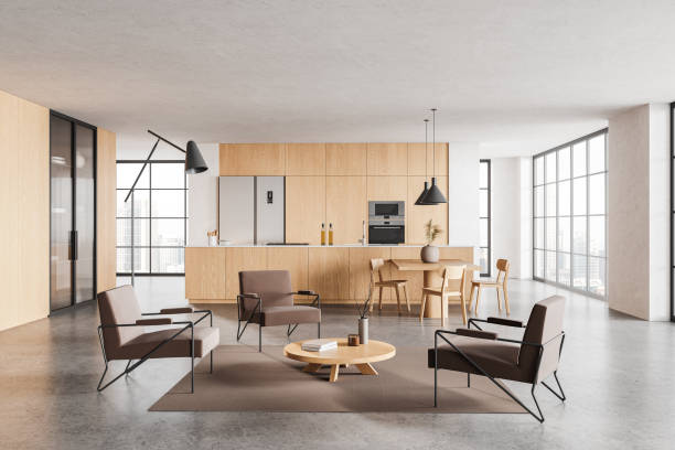 istock Modern home studio interior with lounge and cooking zone, panoramic window 2111522761