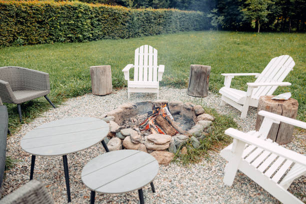 istock Firepit surrounded by seating on gravel and grassy lawn 2111522780