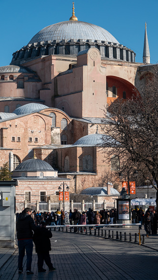 External details of Hagia Sophia in a winter day as seen on 29 January 2024 in Istanbul, Turkey. Ayasofya is World landmark. Former Byzantine cathedral of Constantinople  January 23,2024 Istanbul, Turkey